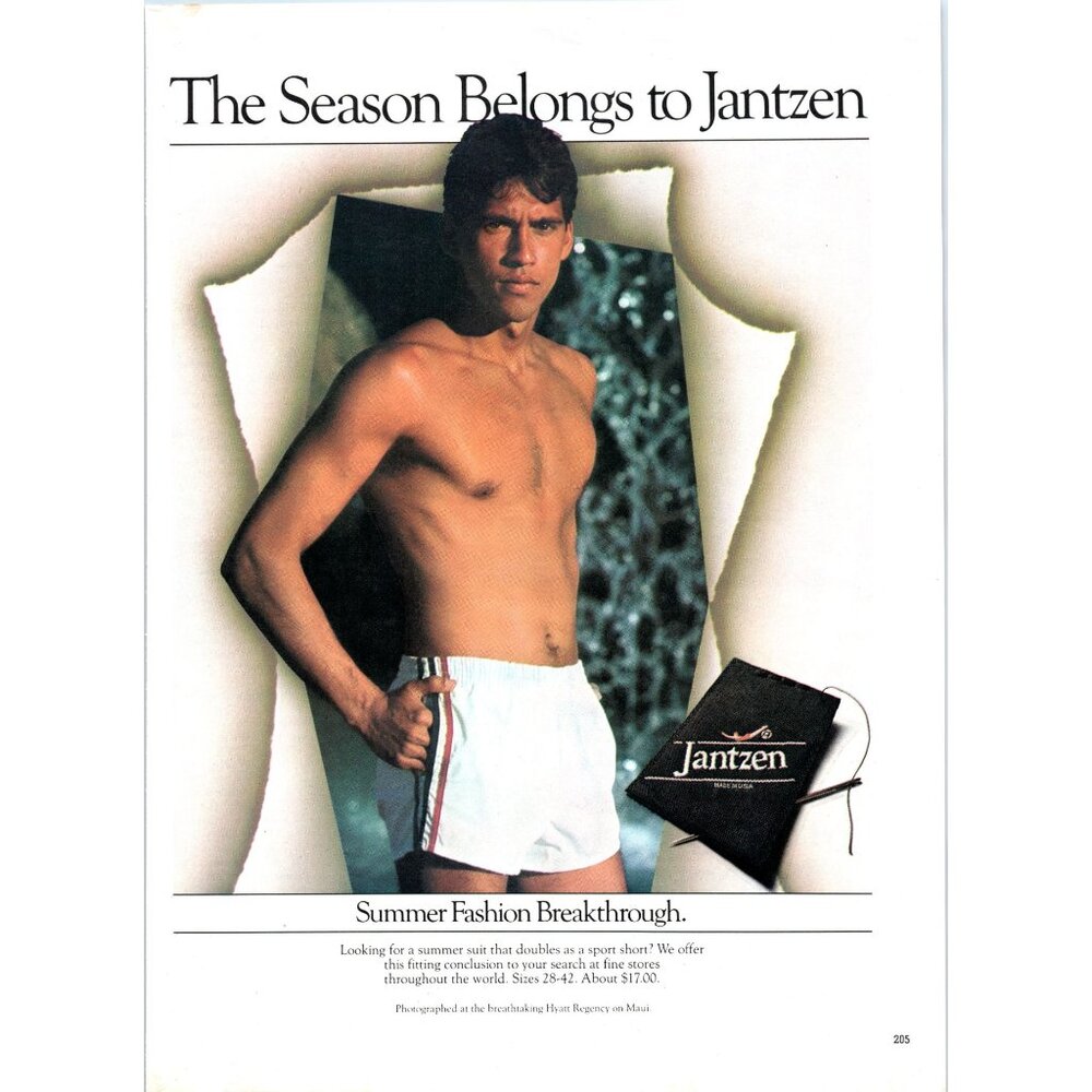 1981 Jantzen Summer Fashion Men's Shorts Vintage Print Ad 80s Wall Art Shirtless